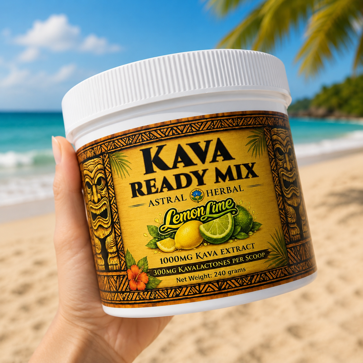Kava ready mix container held in front of a beach
