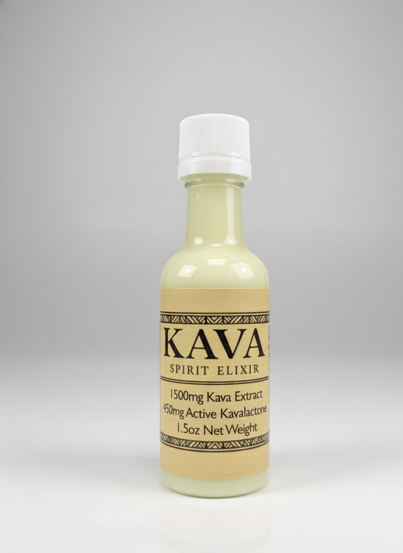 Bottle of Kava Spirit Elixir on a gray background