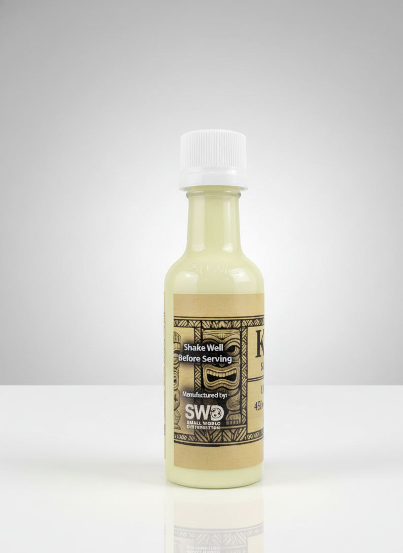 Bottle of liquid with a label on a white background