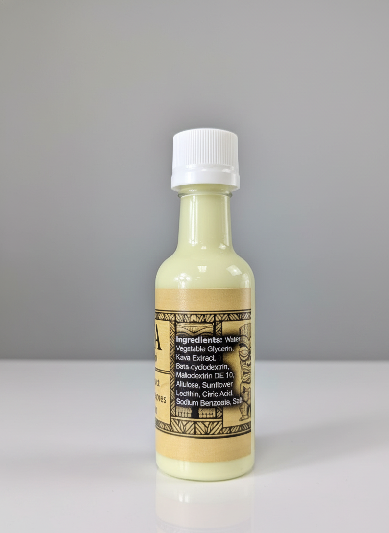 Bottle of liquid with a label on a gray background