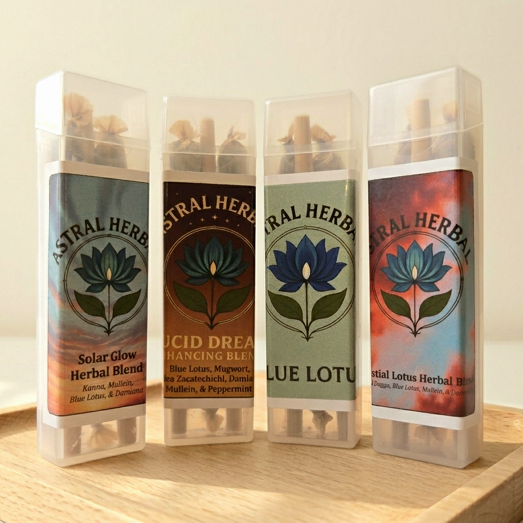 Four cylindrical containers labeled 'Astral Herbal' on a wooden surface.